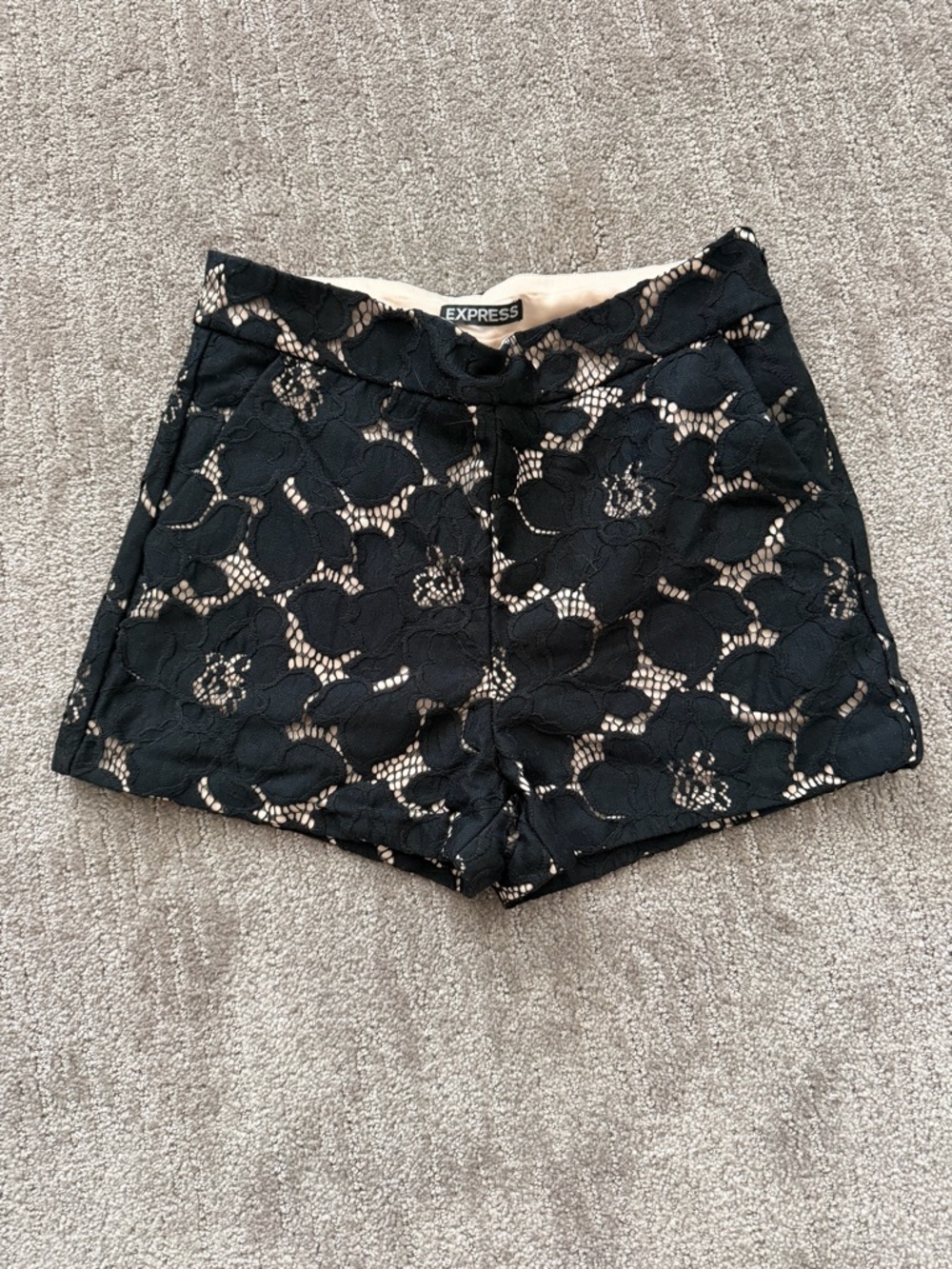 Express Black Lace Overlay Shorts with Nude Underlay